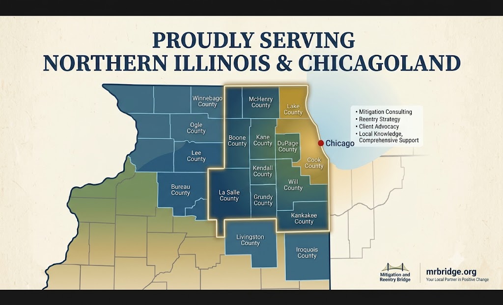Map of Northern Illinois and Chicagoland service areas for Mitigation and Reentry Bridge LLC, including Lake County, Cook County, McHenry County, and DuPage County.